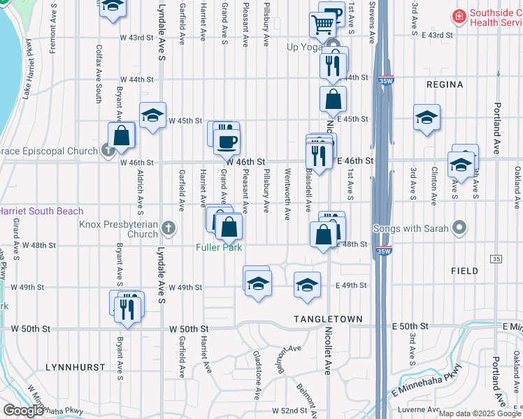 map of restaurants, bars, coffee shops, grocery stores, and more near 4704 Pillsbury Avenue in Minneapolis