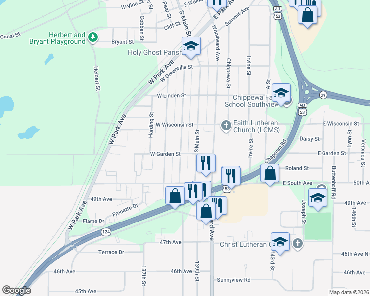 map of restaurants, bars, coffee shops, grocery stores, and more near 744 South Main Street in Chippewa Falls