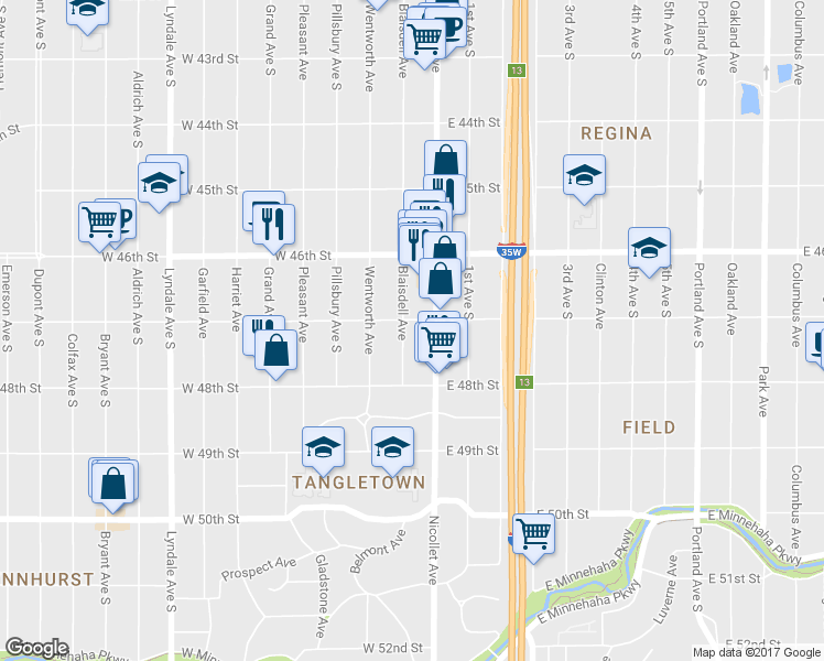 map of restaurants, bars, coffee shops, grocery stores, and more near 4705 Blaisdell Avenue in Minneapolis