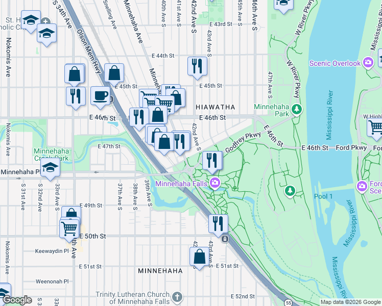 map of restaurants, bars, coffee shops, grocery stores, and more near 4108 Nawadaha Boulevard in Minneapolis