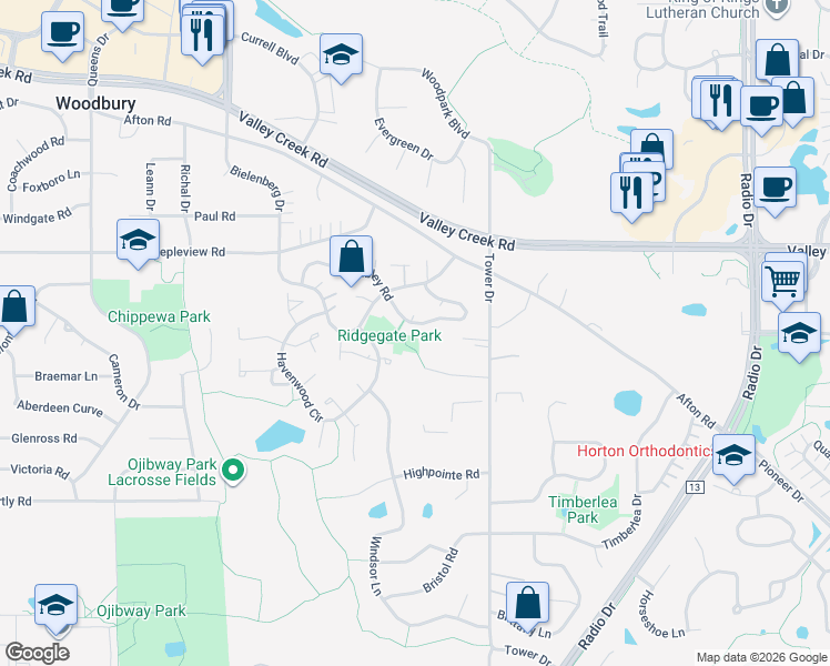 map of restaurants, bars, coffee shops, grocery stores, and more near 7821 Rimbley Road in Woodbury