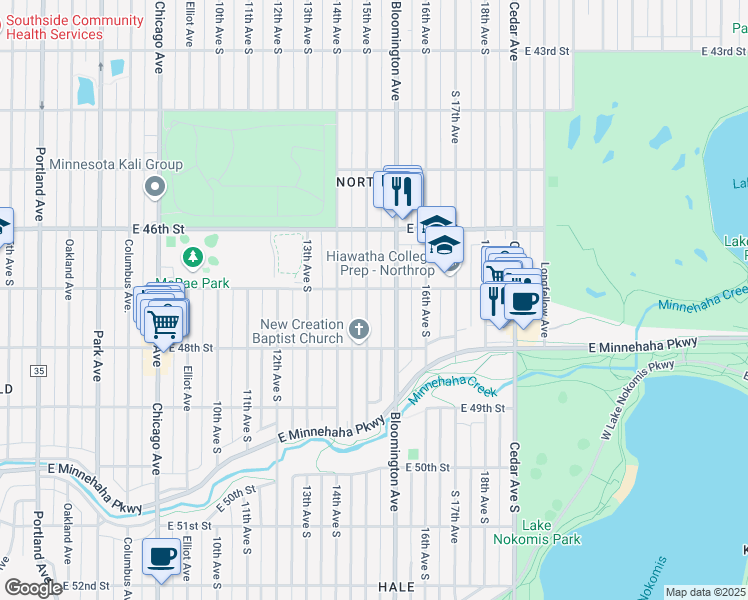 map of restaurants, bars, coffee shops, grocery stores, and more near 4709 South 15th Avenue in Minneapolis