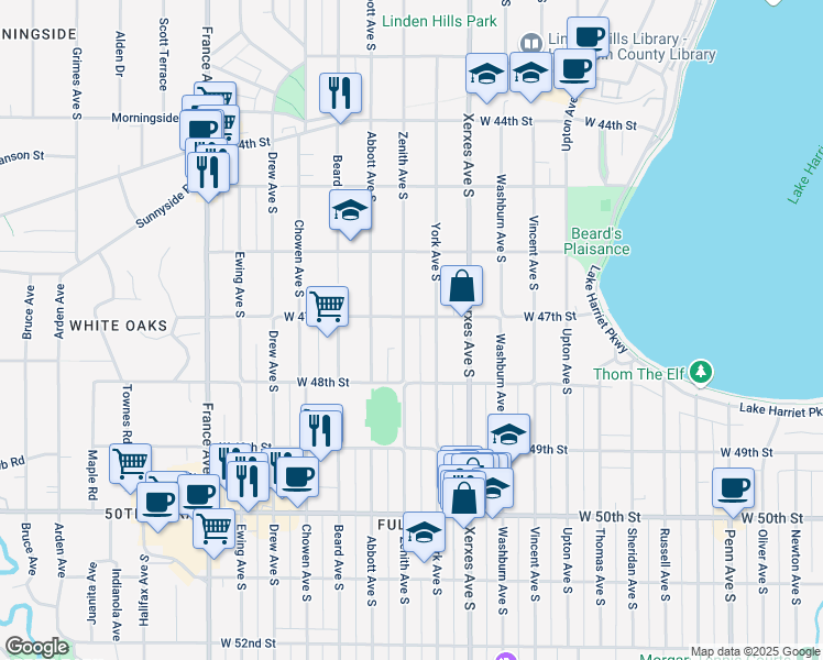 map of restaurants, bars, coffee shops, grocery stores, and more near 4711 Zenith Avenue South in Minneapolis