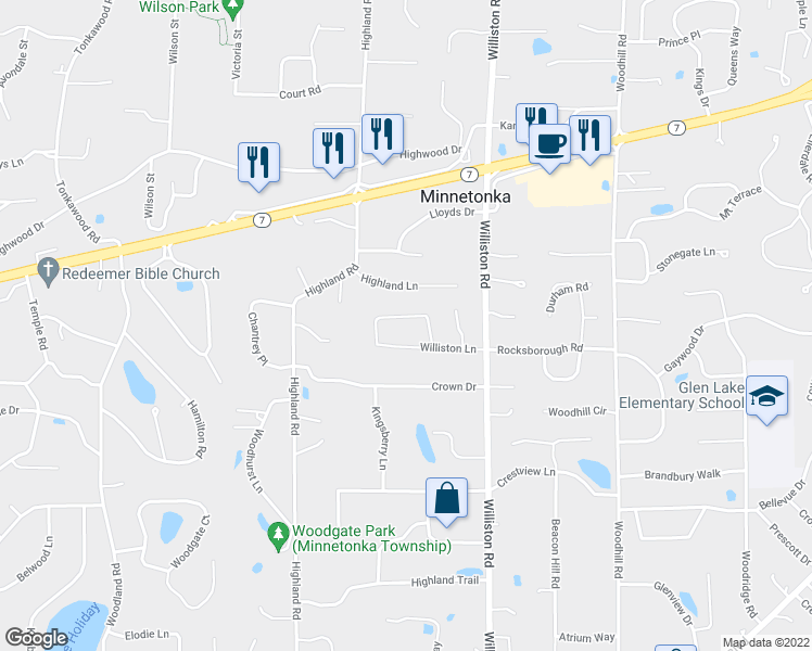 map of restaurants, bars, coffee shops, grocery stores, and more near 15009 Williston Lane in Minnetonka