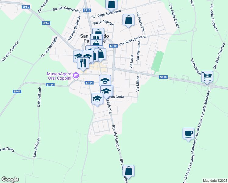 map of restaurants, bars, coffee shops, grocery stores, and more near 12 Via Corfù in San Secondo Parmense