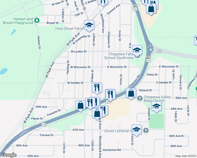 map of restaurants, bars, coffee shops, grocery stores, and more near 742 Woodward Avenue in Chippewa Falls
