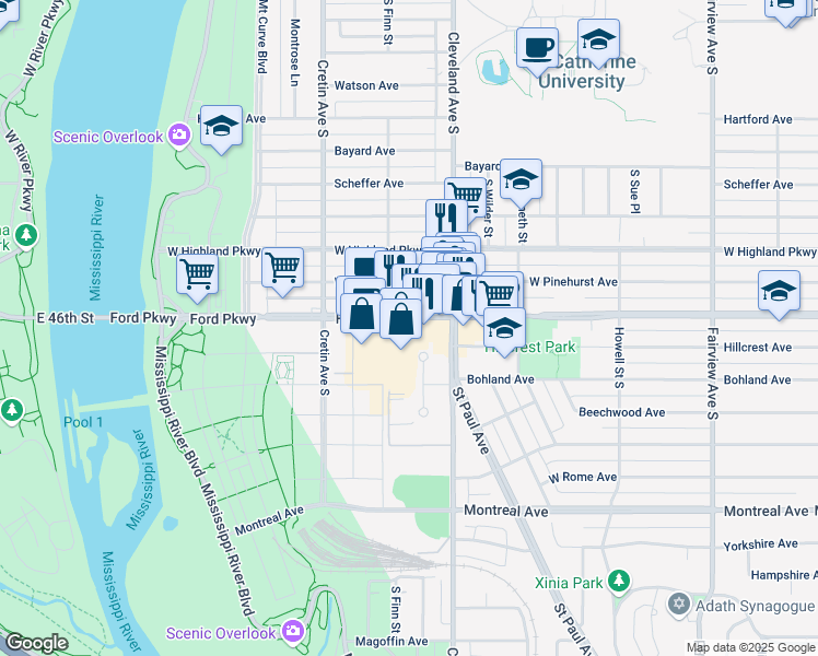 map of restaurants, bars, coffee shops, grocery stores, and more near 2100 Ford Parkway in Saint Paul