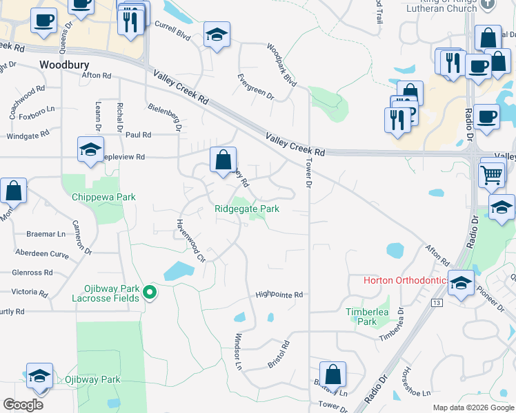 map of restaurants, bars, coffee shops, grocery stores, and more near 7821 Rimbley Road in Woodbury
