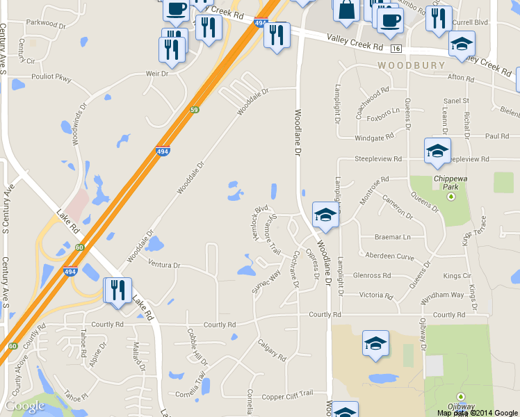 map of restaurants, bars, coffee shops, grocery stores, and more near 2154 Hemlock Boulevard in Woodbury