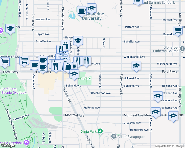 map of restaurants, bars, coffee shops, grocery stores, and more near 1919 Hillcrest Avenue in Saint Paul