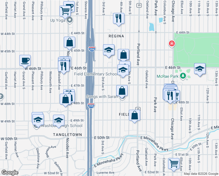 map of restaurants, bars, coffee shops, grocery stores, and more near 4713 Clinton Avenue in Minneapolis