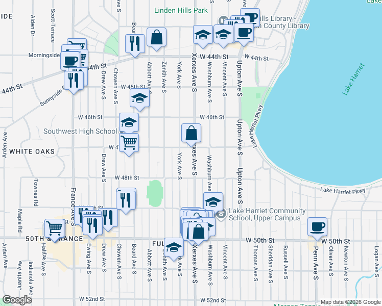 map of restaurants, bars, coffee shops, grocery stores, and more near 4712 Xerxes Avenue South in Minneapolis