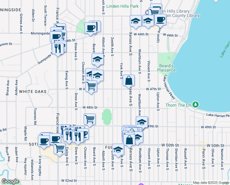 map of restaurants, bars, coffee shops, grocery stores, and more near 4711 Zenith Avenue South in Minneapolis