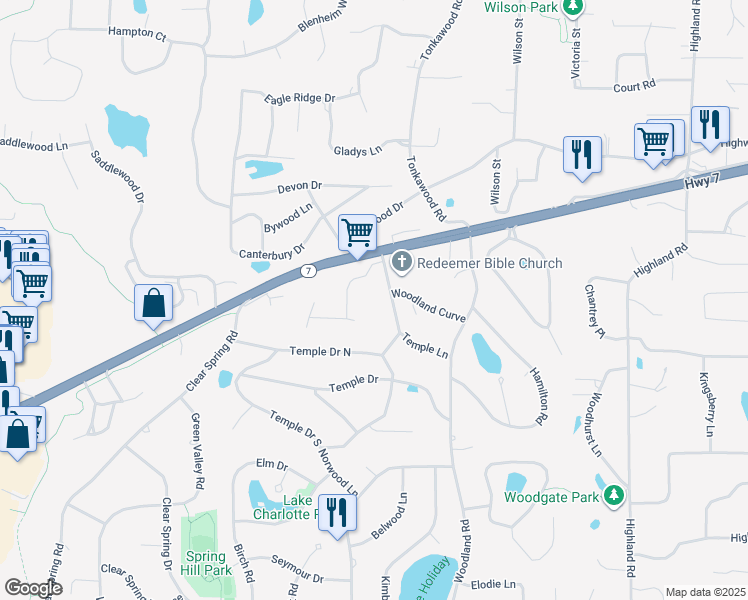 map of restaurants, bars, coffee shops, grocery stores, and more near 4728 Temple Road in Minnetonka