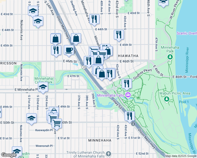 map of restaurants, bars, coffee shops, grocery stores, and more near 4737 Nawadaha Boulevard in Minneapolis