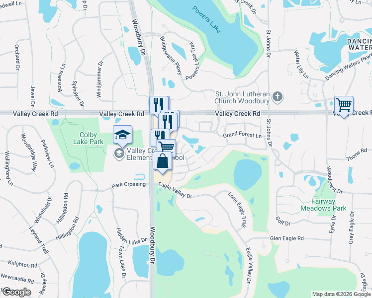 map of restaurants, bars, coffee shops, grocery stores, and more near 2111 Eagle Trace Lane in Woodbury