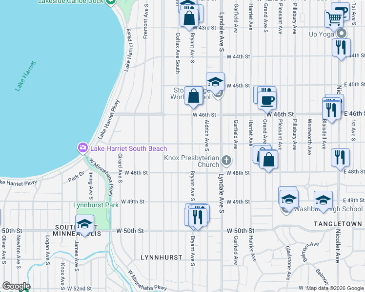 map of restaurants, bars, coffee shops, grocery stores, and more near 4704 Colfax Avenue South in Minneapolis