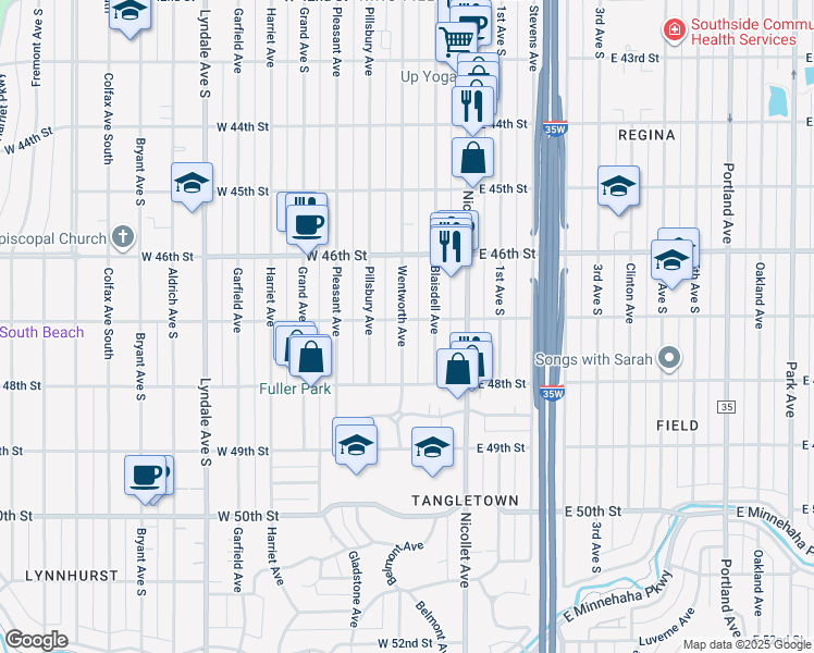 map of restaurants, bars, coffee shops, grocery stores, and more near 123 Wentworth Avenue in Minneapolis
