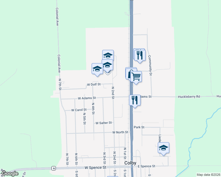 map of restaurants, bars, coffee shops, grocery stores, and more near 607 North 2nd Street in Colby