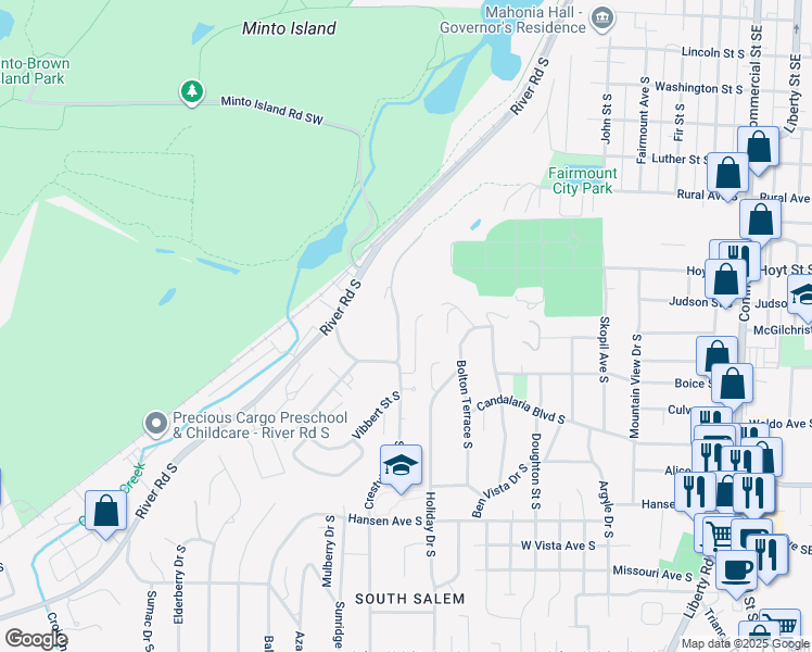map of restaurants, bars, coffee shops, grocery stores, and more near 2510 Crestview Drive South in Salem