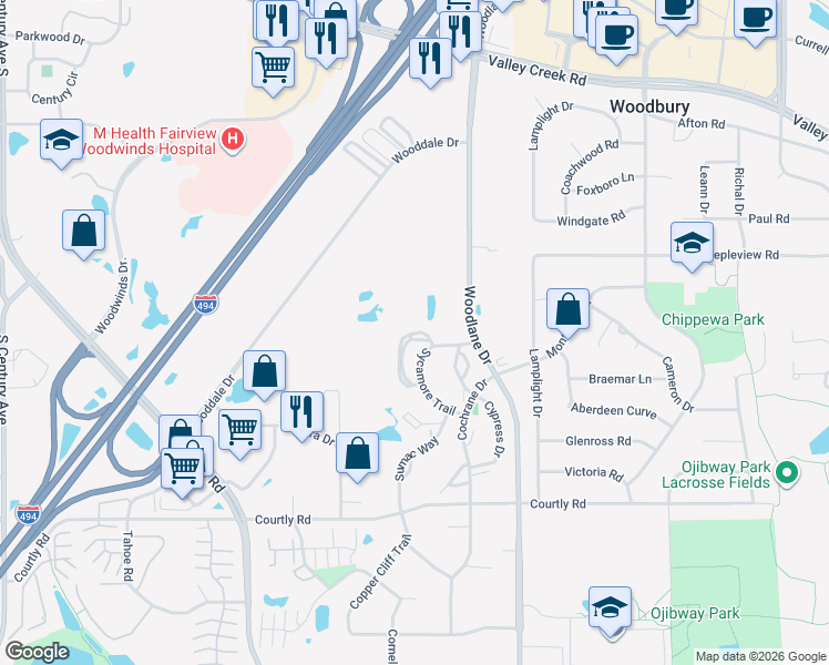 map of restaurants, bars, coffee shops, grocery stores, and more near 2144 Hemlock Boulevard in Woodbury
