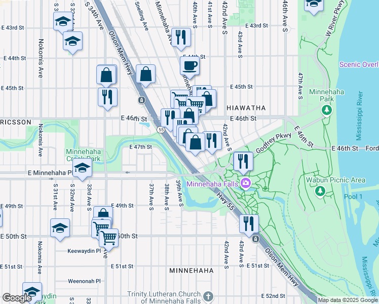 map of restaurants, bars, coffee shops, grocery stores, and more near 4737 Nawadaha Boulevard in Minneapolis