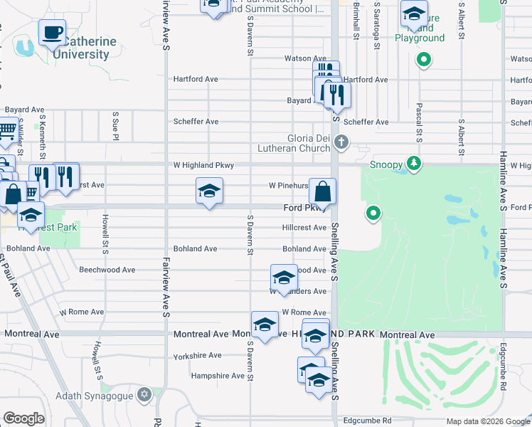 map of restaurants, bars, coffee shops, grocery stores, and more near 1678 Ford Parkway in Saint Paul