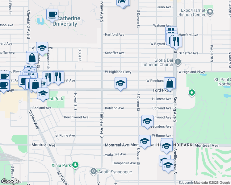 map of restaurants, bars, coffee shops, grocery stores, and more near 1781 Hillcrest Avenue in Saint Paul