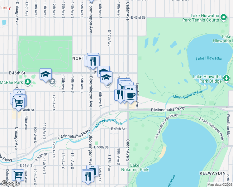map of restaurants, bars, coffee shops, grocery stores, and more near 4708 18th Avenue South in Minneapolis