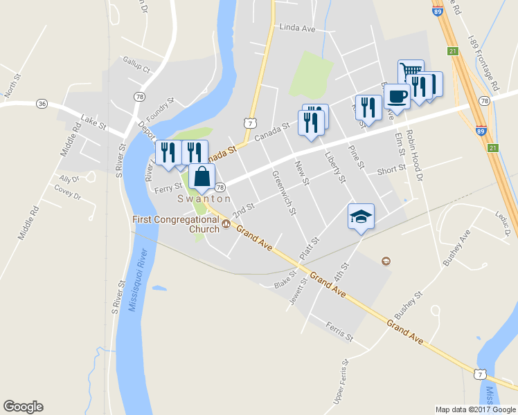 map of restaurants, bars, coffee shops, grocery stores, and more near 14 2nd Street in Swanton