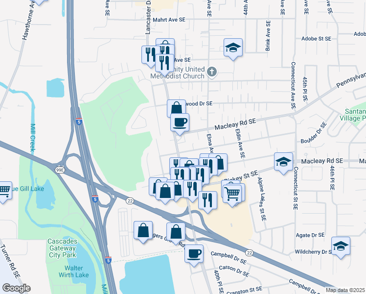 map of restaurants, bars, coffee shops, grocery stores, and more near 858 Lancaster Drive Southeast in Salem
