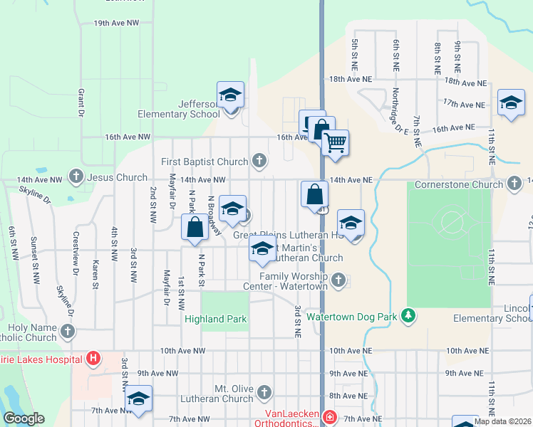 map of restaurants, bars, coffee shops, grocery stores, and more near 1201-1399 2nd Street Northeast in Watertown