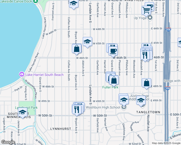 map of restaurants, bars, coffee shops, grocery stores, and more near Lyndale Ave S & W 47th St in Minneapolis