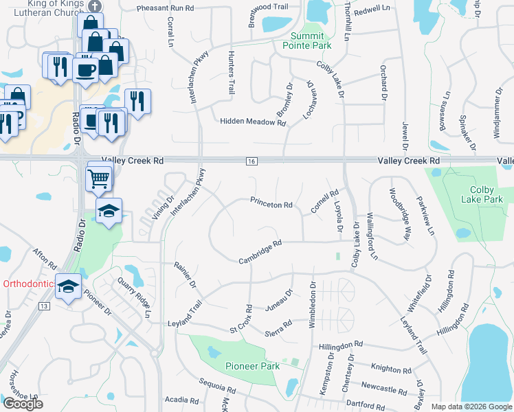 map of restaurants, bars, coffee shops, grocery stores, and more near 9035 Princeton Road in Woodbury