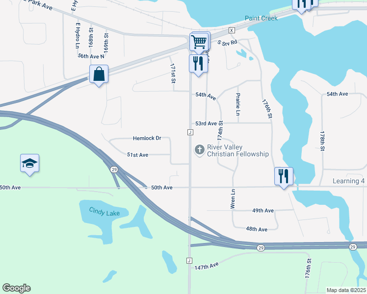 map of restaurants, bars, coffee shops, grocery stores, and more near 17253 County Highway J in Chippewa Falls