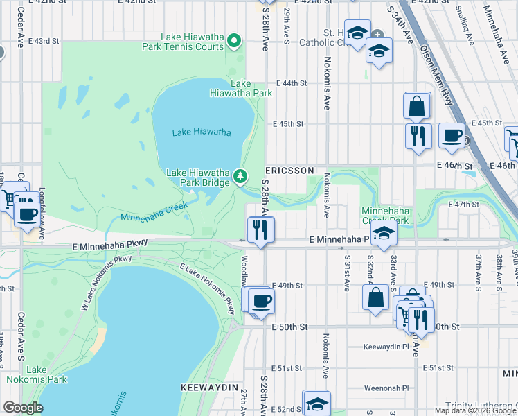 map of restaurants, bars, coffee shops, grocery stores, and more near 4712 South 28th Avenue in Minneapolis
