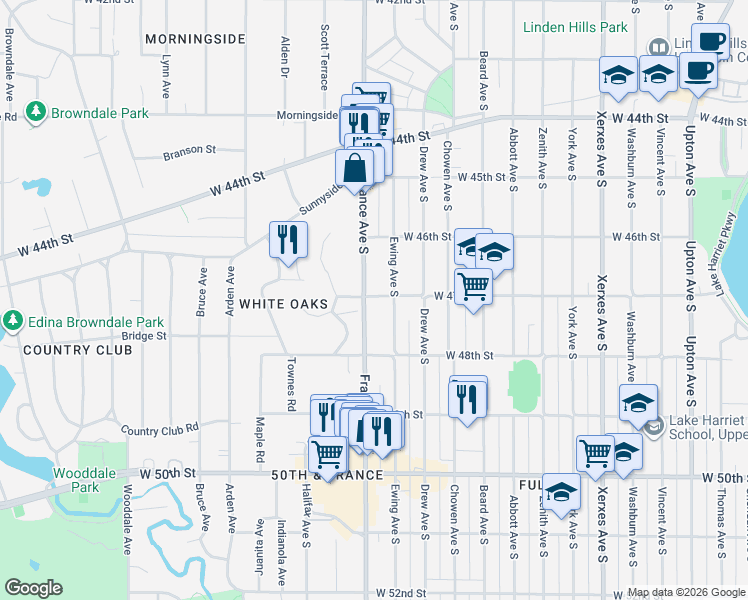 map of restaurants, bars, coffee shops, grocery stores, and more near 4712 Ewing Avenue South in Minneapolis