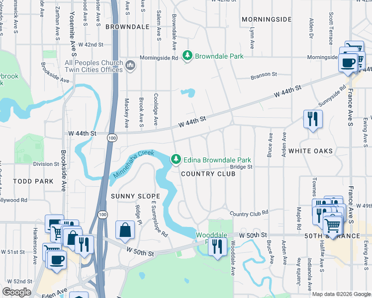 map of restaurants, bars, coffee shops, grocery stores, and more near 4508 Moorland Avenue in Minneapolis
