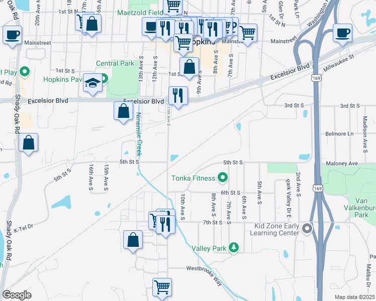 map of restaurants, bars, coffee shops, grocery stores, and more near 415 11th Avenue South in Hopkins