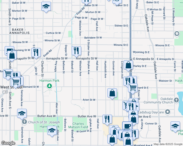 map of restaurants, bars, coffee shops, grocery stores, and more near 940 Stryker Avenue in Saint Paul