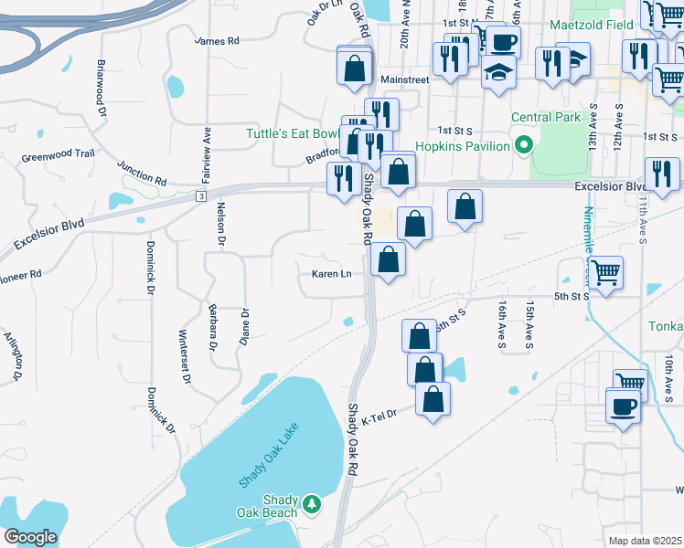 map of restaurants, bars, coffee shops, grocery stores, and more near Shady Oak Drive in Minnetonka