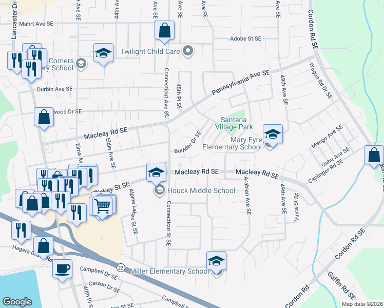 map of restaurants, bars, coffee shops, grocery stores, and more near 4552 Chippewa Court Southeast in Salem