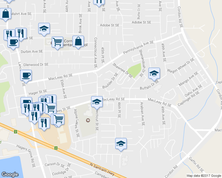 map of restaurants, bars, coffee shops, grocery stores, and more near 4552 Chippewa Court Southeast in Salem