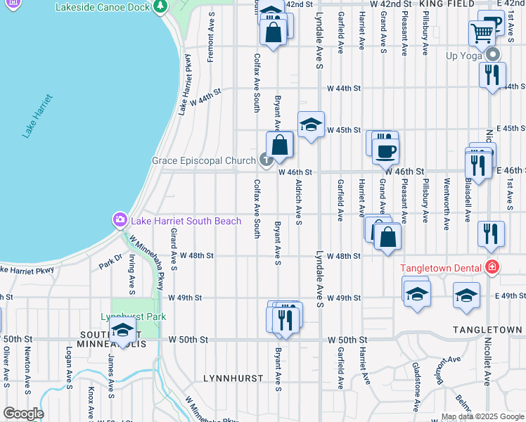 map of restaurants, bars, coffee shops, grocery stores, and more near 4704 Colfax Avenue South in Minneapolis