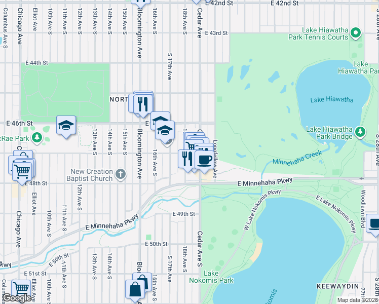 map of restaurants, bars, coffee shops, grocery stores, and more near 4712 Cedar Avenue in Minneapolis