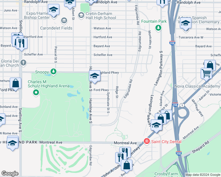 map of restaurants, bars, coffee shops, grocery stores, and more near 776 South Syndicate Street in Saint Paul