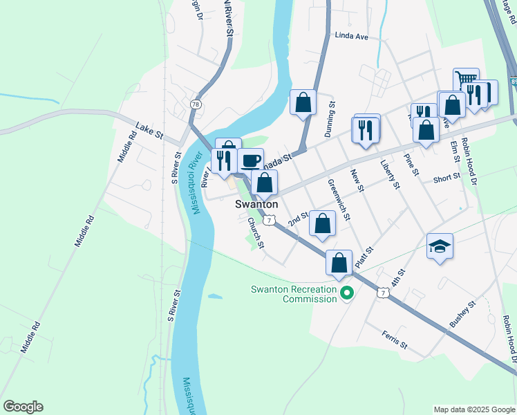 map of restaurants, bars, coffee shops, grocery stores, and more near in Swanton