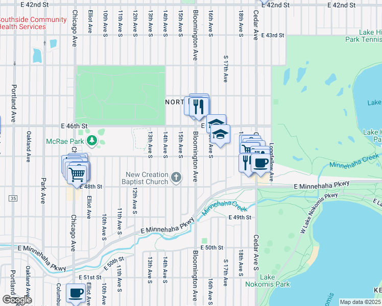 map of restaurants, bars, coffee shops, grocery stores, and more near 4709 South 15th Avenue in Minneapolis