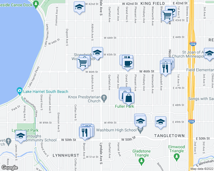 map of restaurants, bars, coffee shops, grocery stores, and more near 4705 Lyndale Avenue South in Minneapolis