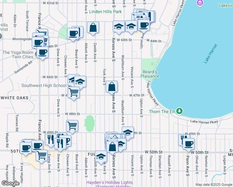 map of restaurants, bars, coffee shops, grocery stores, and more near 4712 Washburn Avenue South in Minneapolis